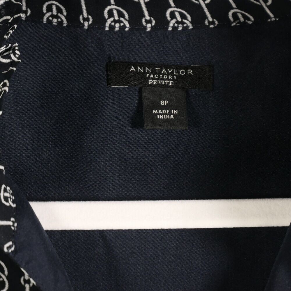 Ann Taylor Blue White Shift Dress 8P Petite Horse Artsy Bridle Pattern Career - Picture 4 of 5